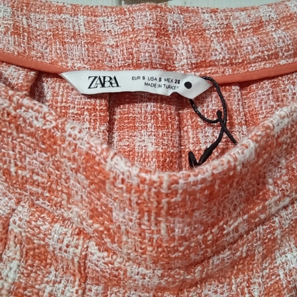 ZARA🐞Y2K Tweed Plaid Orange Cream Pleated Mini High Waisted Skirt Sz:S - Picture 2 of 9